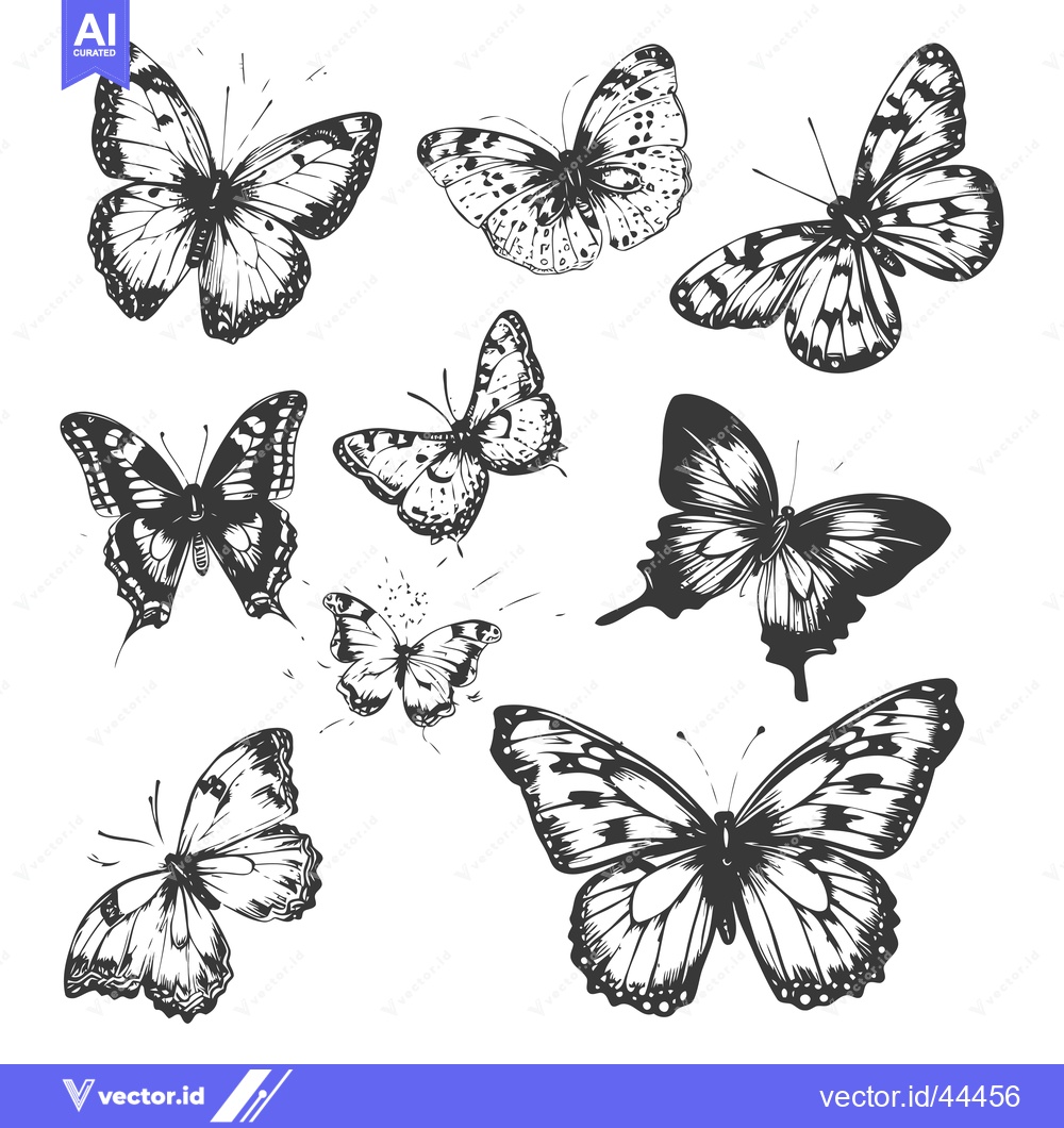 Premium Vector of Hand-drawn black and white illustrations of various butterflies in fli