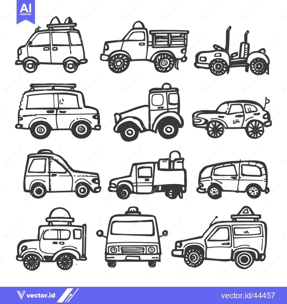 Premium Vector of Hand-drawn black and white illustrations of various cars and trucks