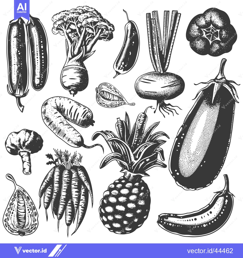 Premium Vector of Hand-Drawn Black and White Illustrations of Various Fruits and Vegetab