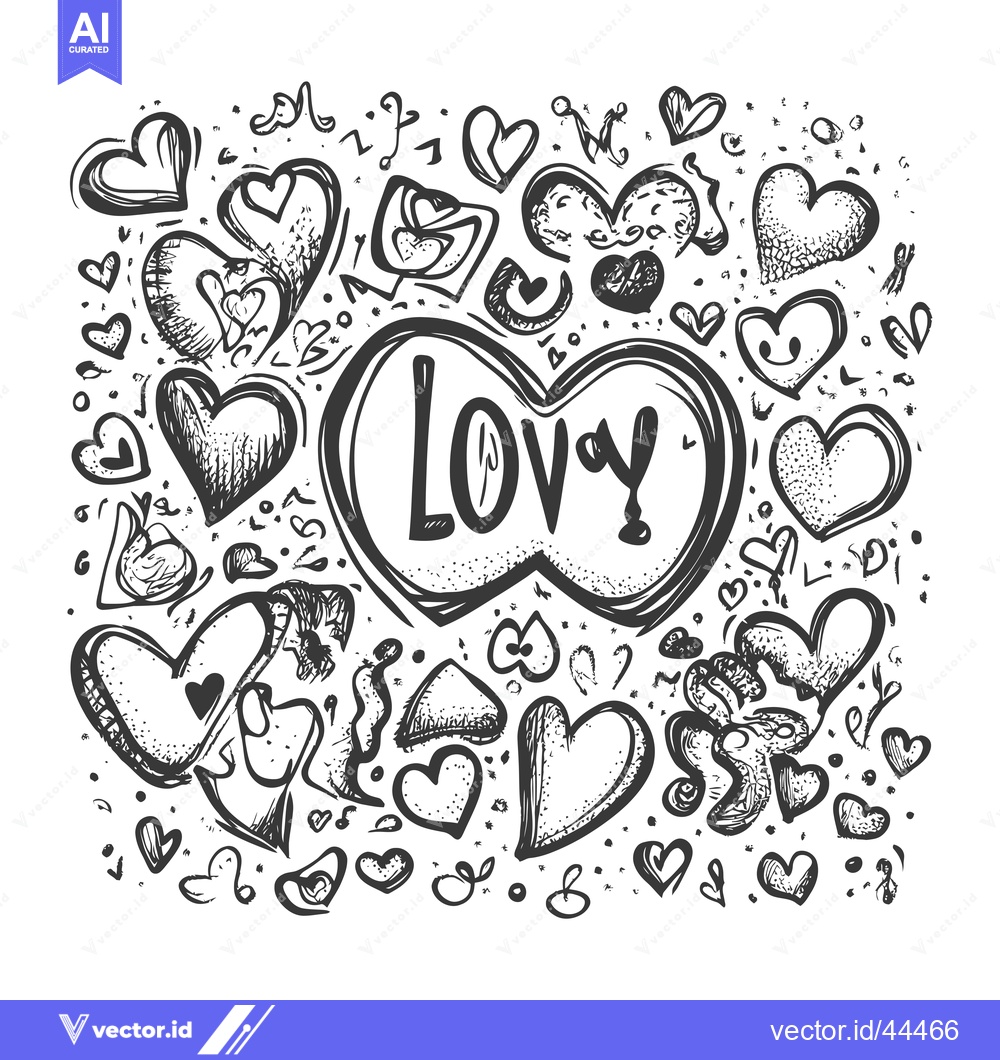 Premium Vector dari Hand-drawn black and white illustration with hearts and the word "Love