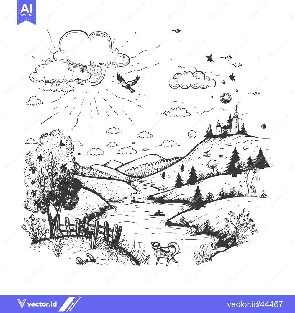 Premium Vector dari Hand-drawn Black and White Landscape with a Castle, River, and a Dog