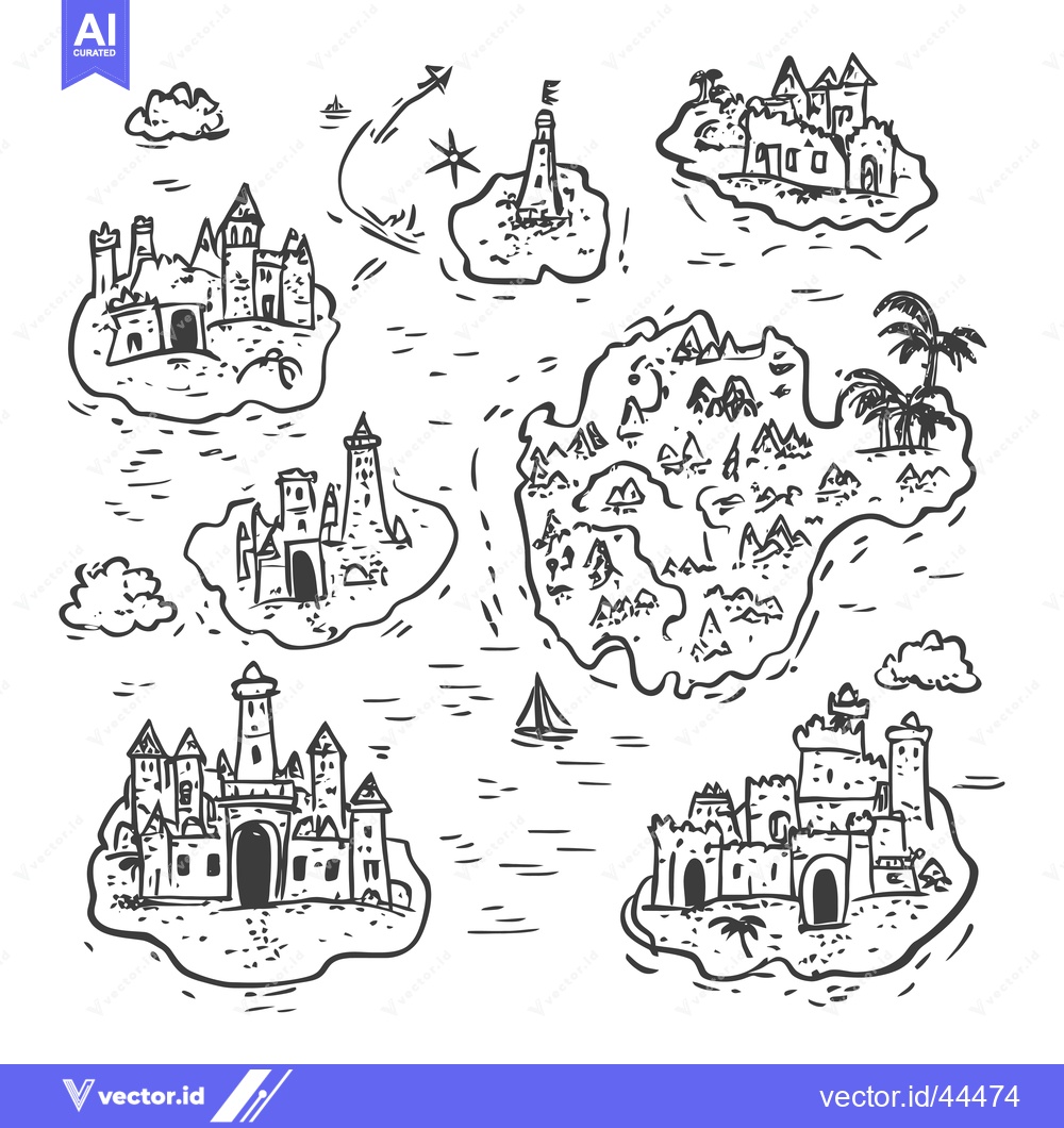Premium Vector dari Hand-drawn black and white map featuring multiple islands with castles