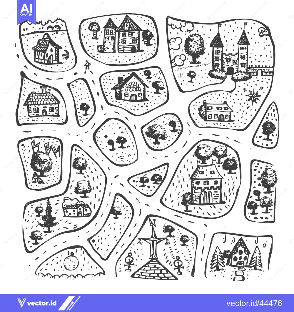 Premium Vector dari Hand-Drawn Black and White Map of a Fantasy Village