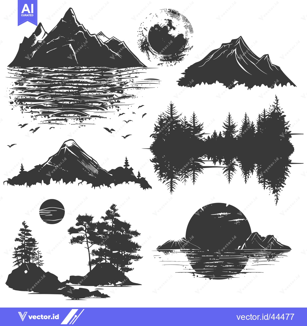 Premium Vector of Hand-Drawn Black and White Mountain and Forest Silhouettes