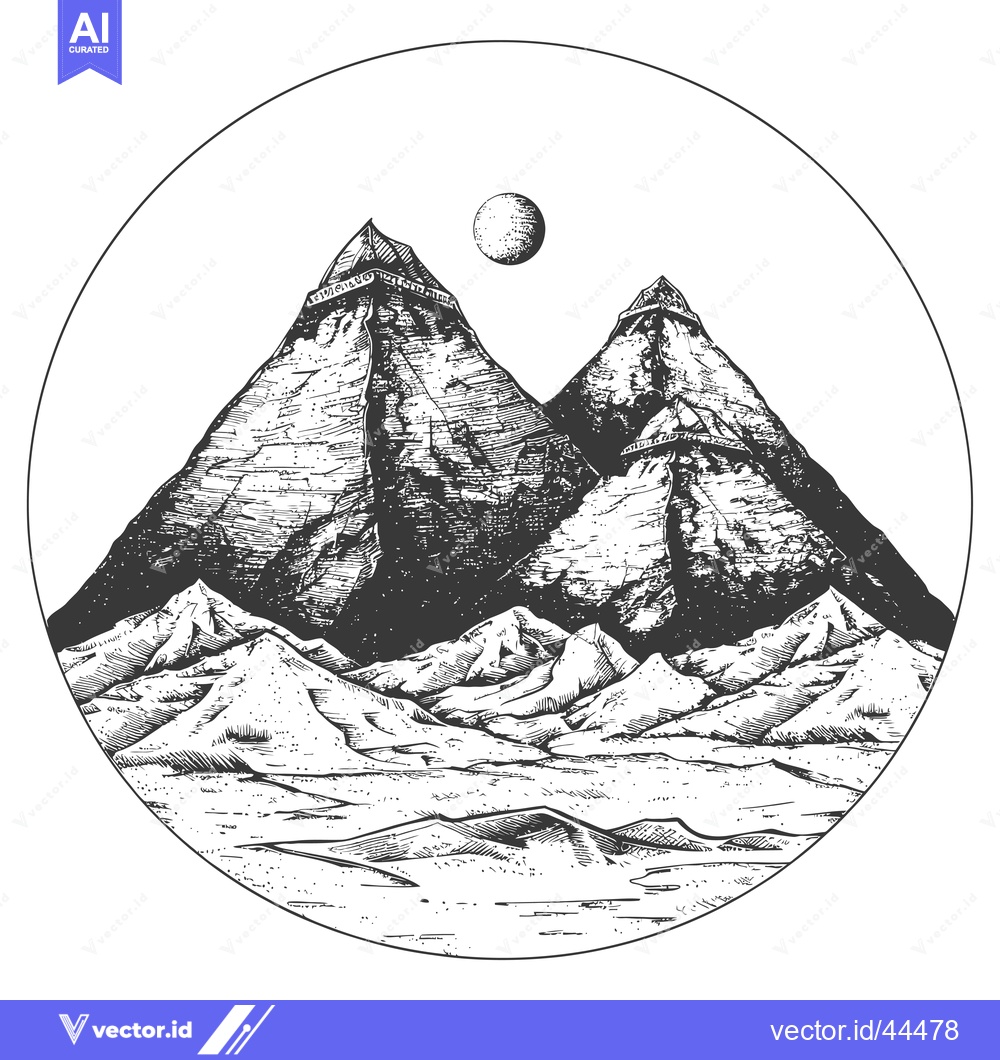 Premium Vector of Hand-Drawn Black and White Mountain Range Illustration with Moon