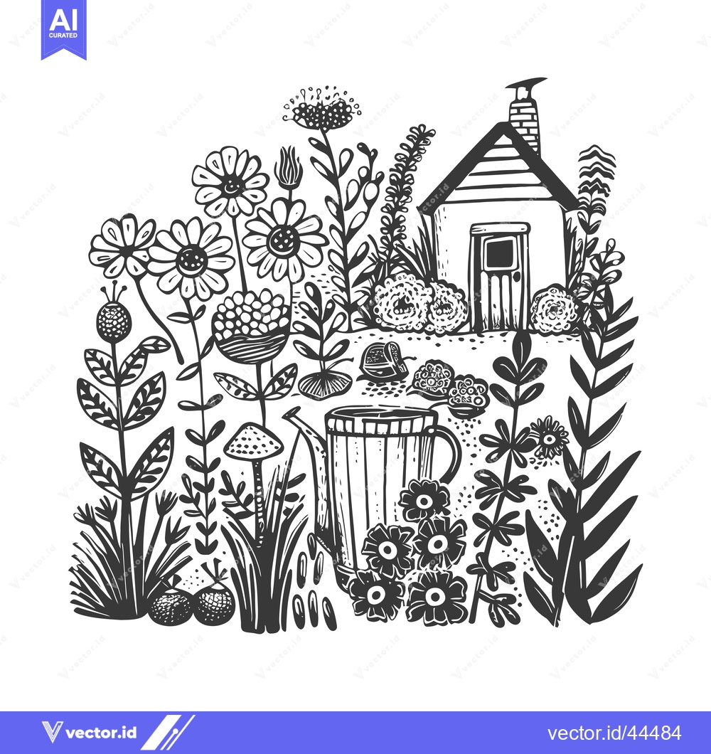 Premium Vector dari Hand-drawn black and white illustration of a small house in a garden w