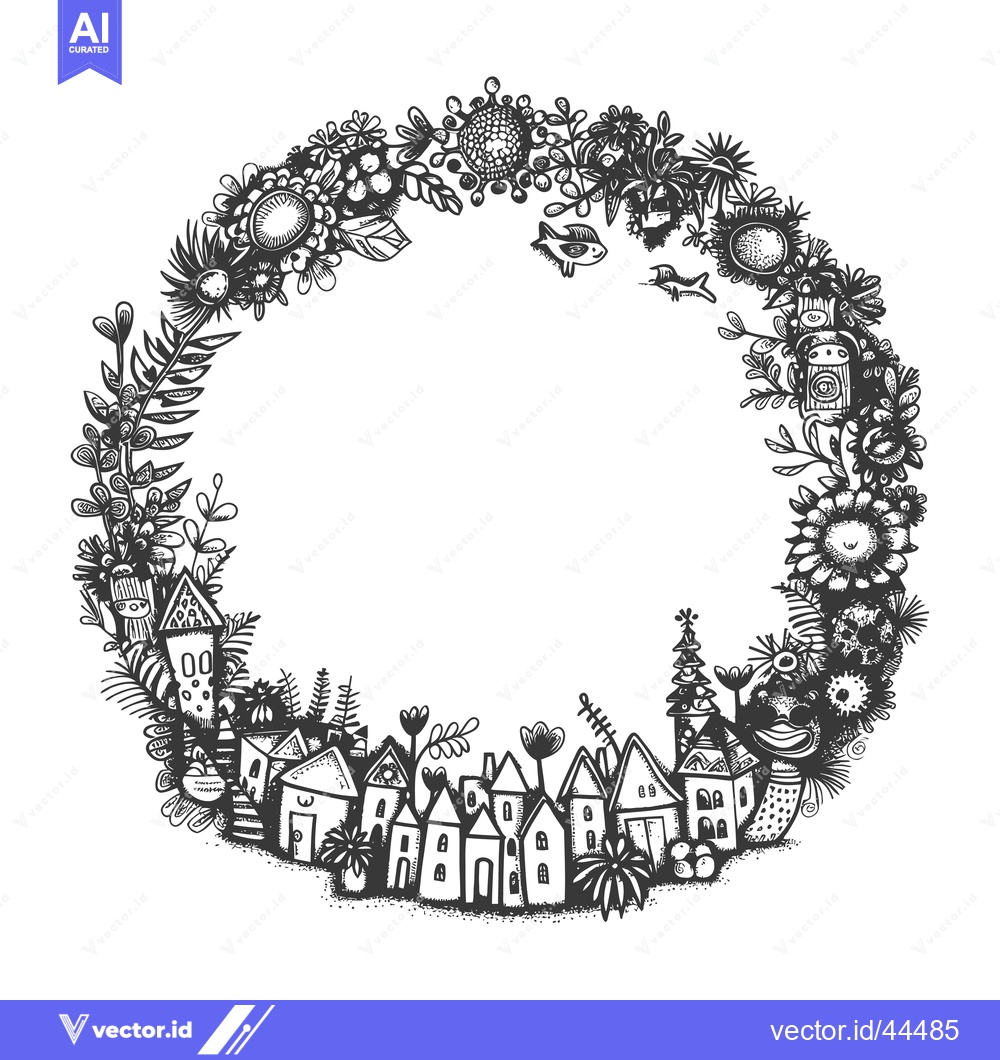 Premium Vector of Hand-drawn black and white illustration of a whimsical town surrounded
