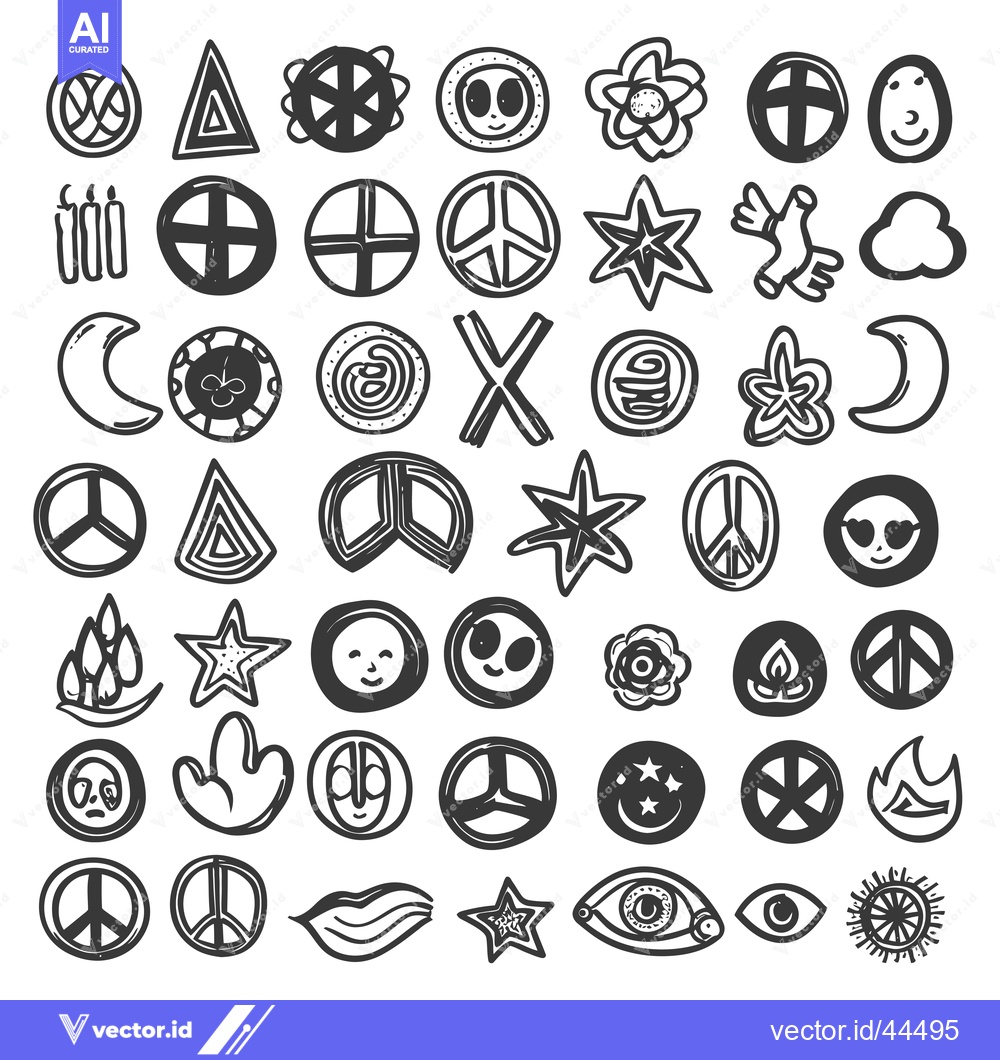 Premium Vector dari Hand-Drawn Black and White Peace Sign and Hippie Symbols
