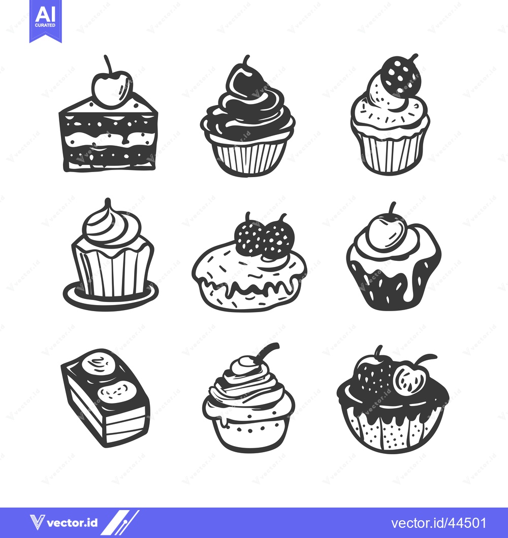 Premium Vector of Hand-Drawn Black and White Set of Cupcakes and Cakes with Fruit Toppin