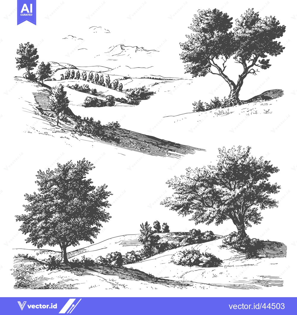 Premium Vector dari Hand-Drawn Black and White Sketches of Trees and Hills