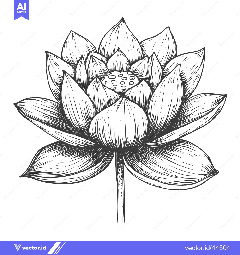 Premium Vector of Hand-Drawn Black and White Sketch of a Blooming Lotus Flower