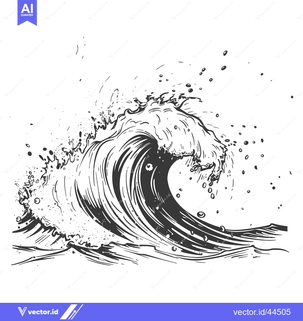 Premium Vector of Hand-Drawn Black and White Sketch of a Breaking Ocean Wave
