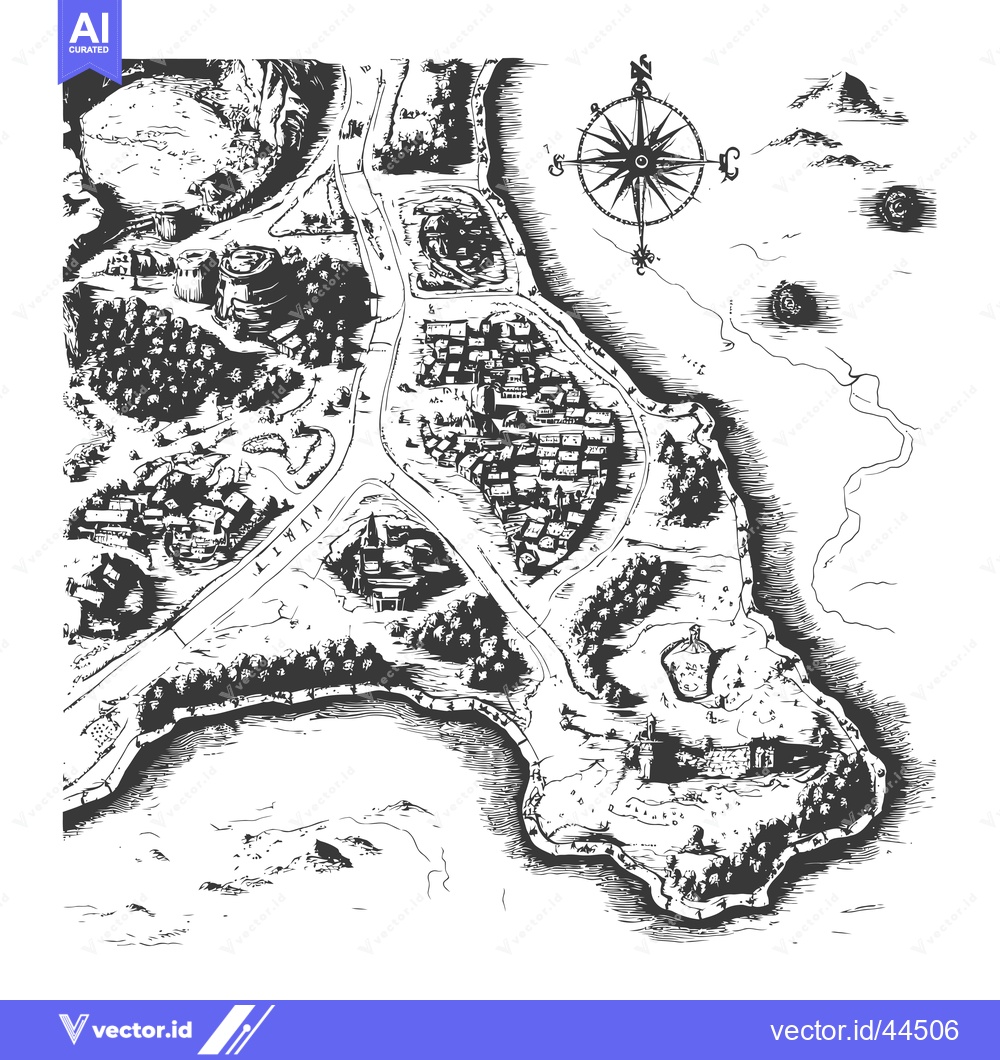 Premium Vector dari Hand-drawn Black and White Sketch of a Coastal Town on an Old Map
