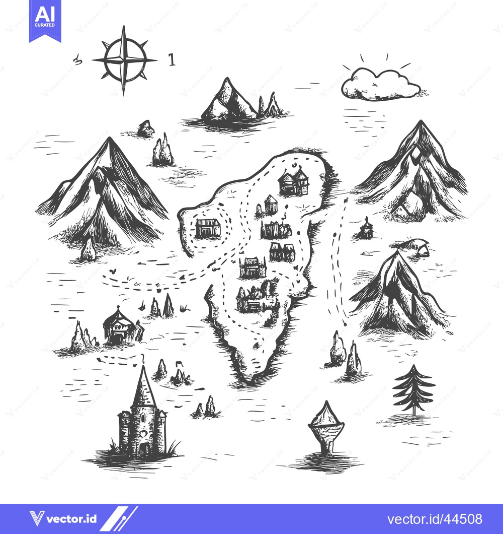 Premium Vector dari Hand-Drawn Black and White Sketch of a Fantasy Island Map