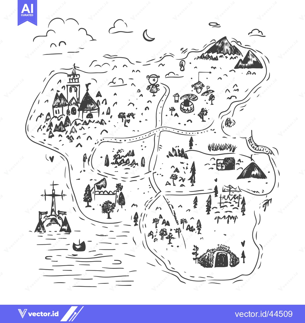 Premium Vector of Hand-Drawn Black and White Sketch of a Fantasy Island Map