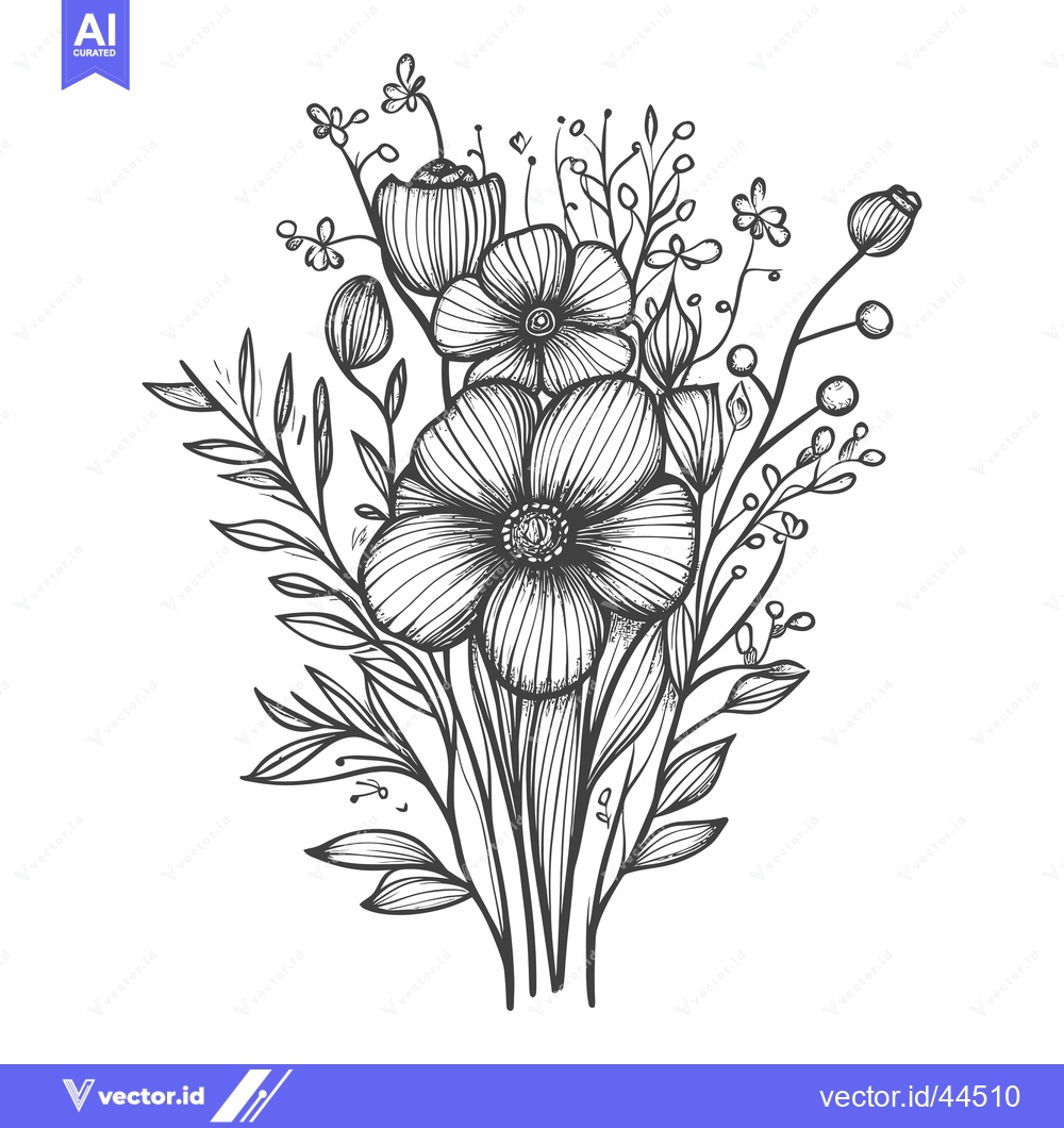 Premium Vector of Hand-Drawn Black and White Sketch of a Floral Bouquet with Three Flowe
