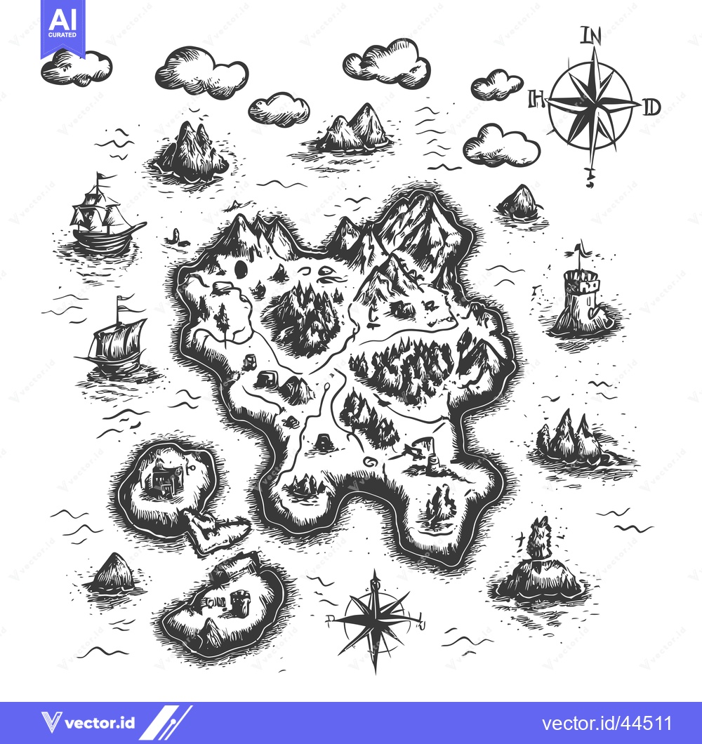 Premium Vector of Hand-Drawn Black and White Sketch of a Pirate Treasure Island with Two