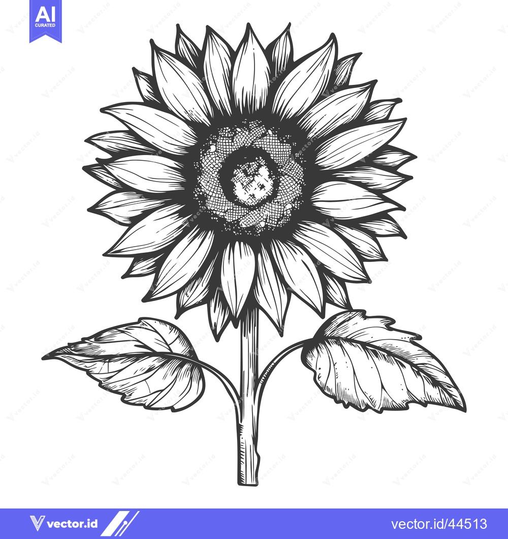 Premium Vector dari Hand-Drawn Black and White Sketch of a Sunflower with Leaves