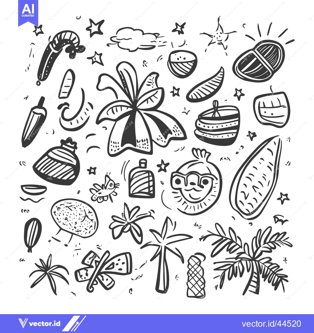 Premium Vector of Hand-Drawn Black and White Tropical Illustration with Palm Trees, Coco