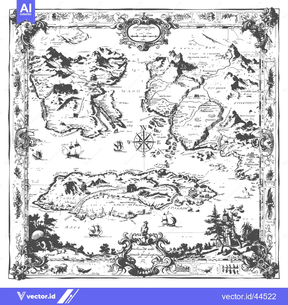 Premium Vector dari Hand-drawn black and white vintage nautical map of islands with ships