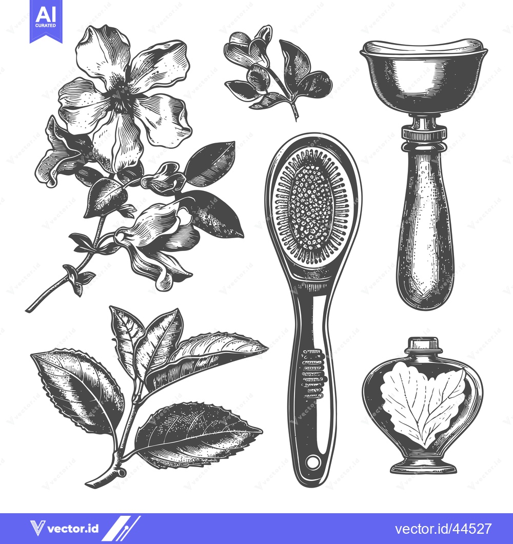 Premium Vector dari Hand-drawn botanical illustrations of flowers, leaves, and beauty tool