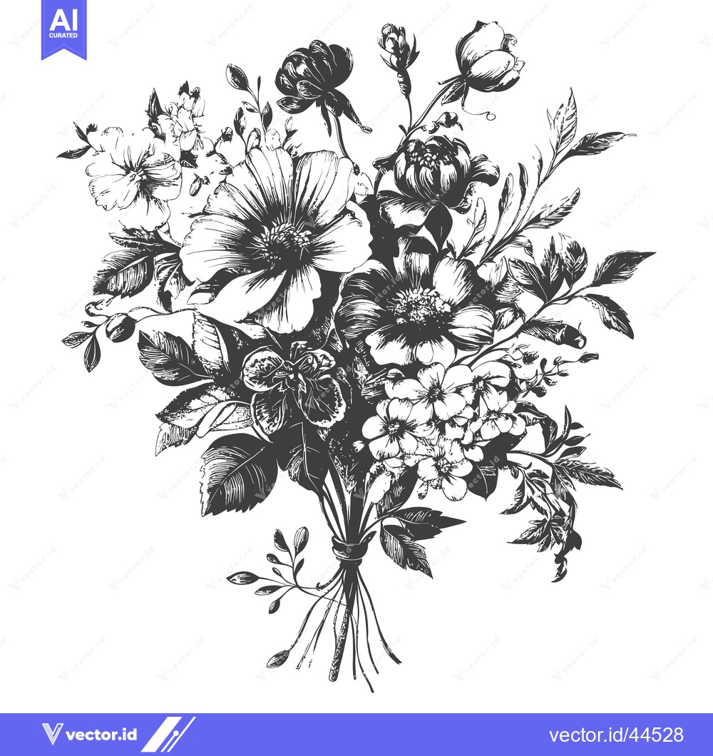 Premium Vector dari Hand-Drawn Bouquet of Black and White Flowers and Leaves