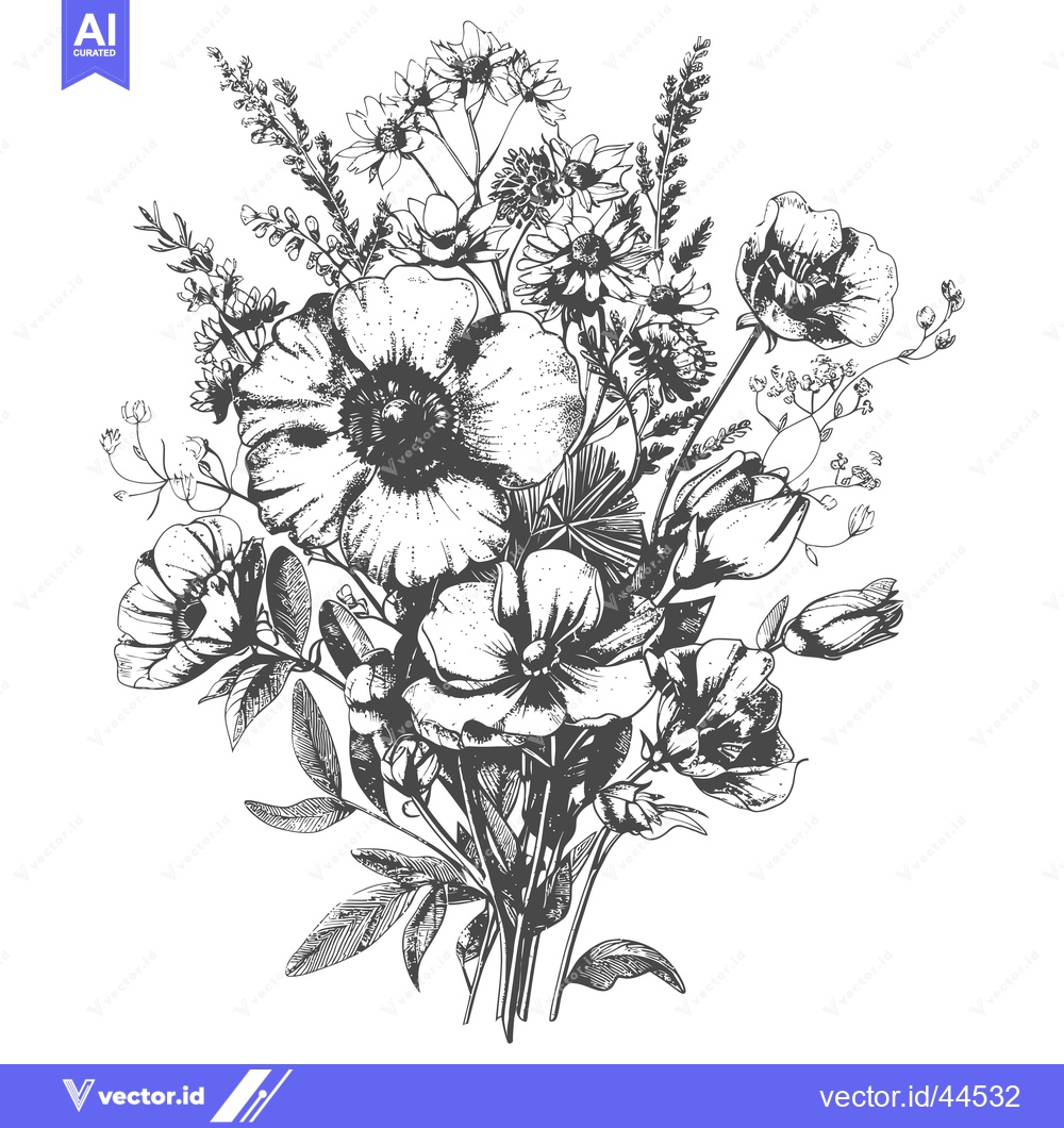 Premium Vector of Hand-Drawn Bouquet of Various Flowers and Foliage