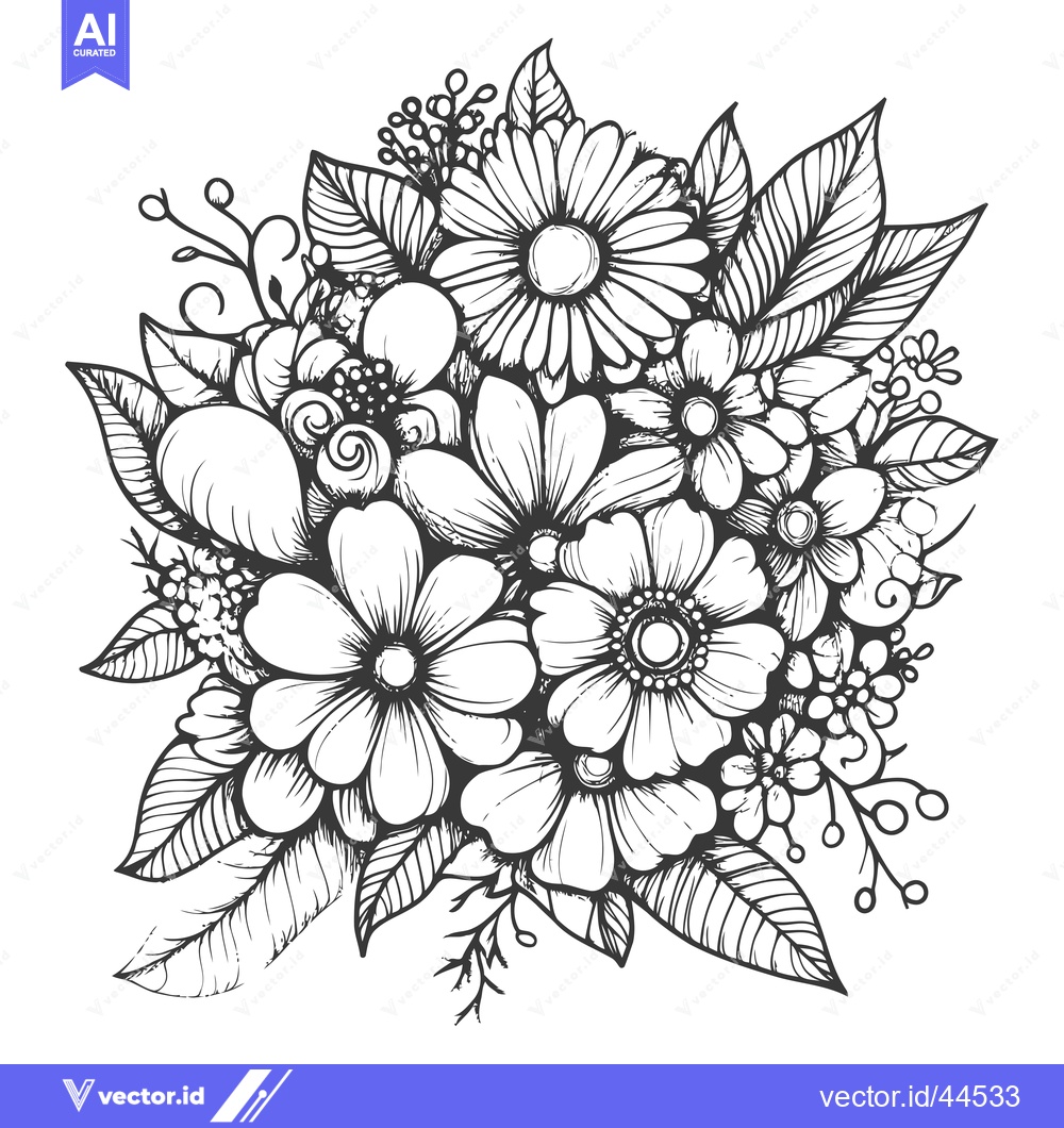 Premium Vector of Hand-drawn Bouquet of Various Flowers and Foliage