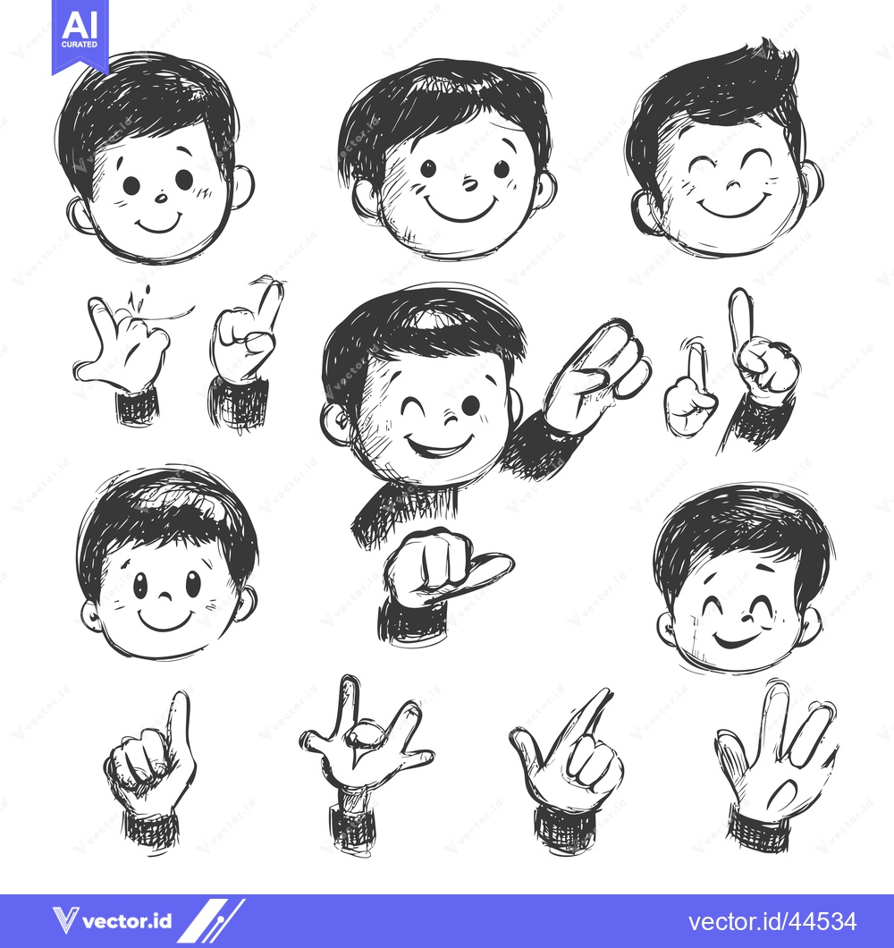Premium Vector dari Hand Drawn Cartoon Boy with Various Facial Expressions and Hand Gestur
