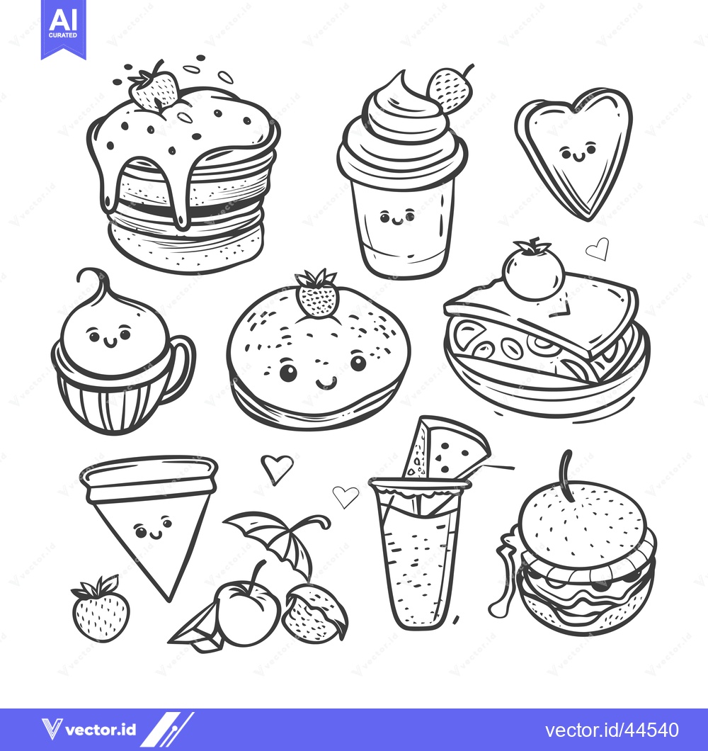 Premium Vector dari Hand-Drawn Cartoon Food and Drink Illustrations with Kawaii Faces