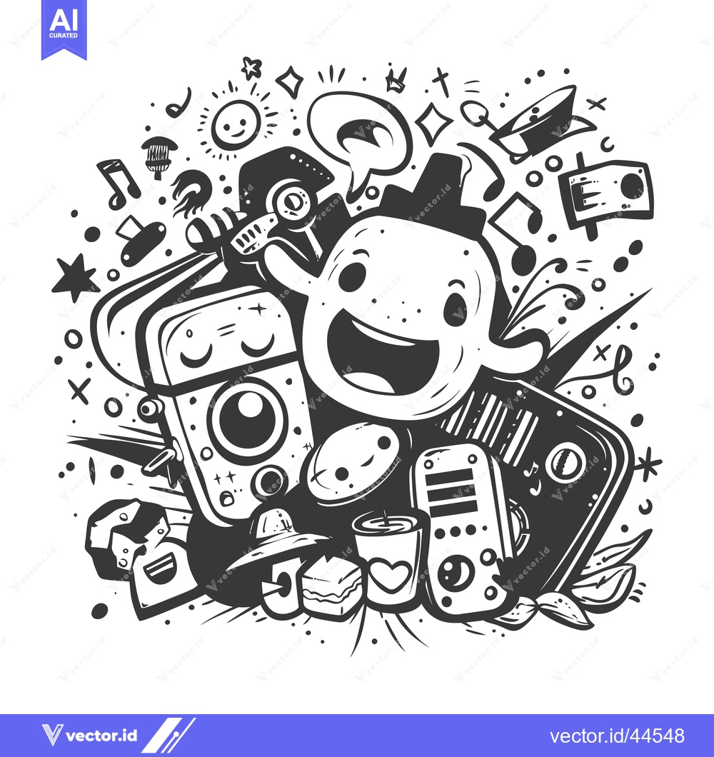 Premium Vector of Hand-drawn cartoon illustration of a smiling character surrounded by v