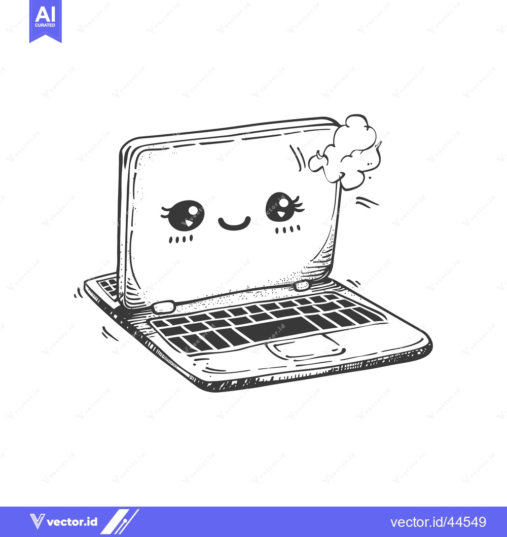 Premium Vector dari Hand-Drawn Cartoon Illustration of a Smiling Laptop with a Thought Bub