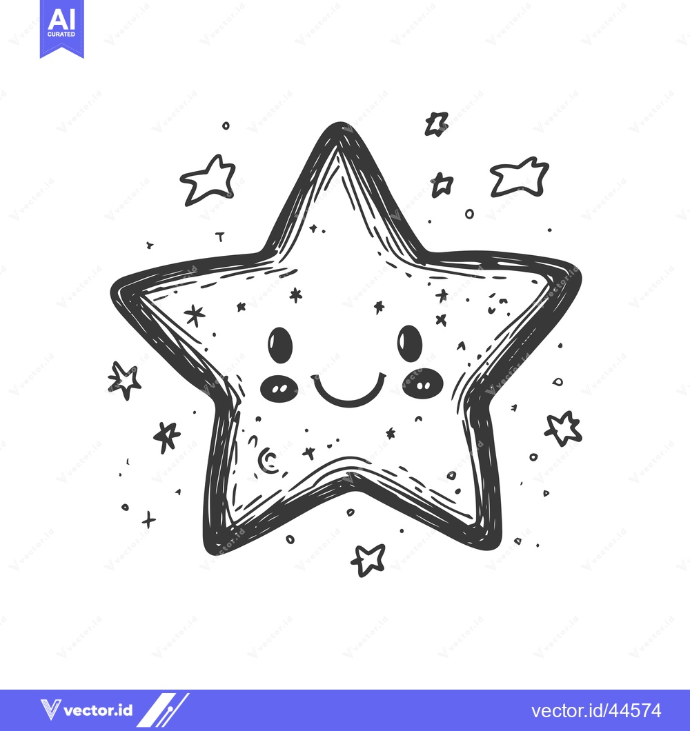 Premium Vector dari Hand-Drawn Cartoon Star with Smiling Face and Surrounding Stars