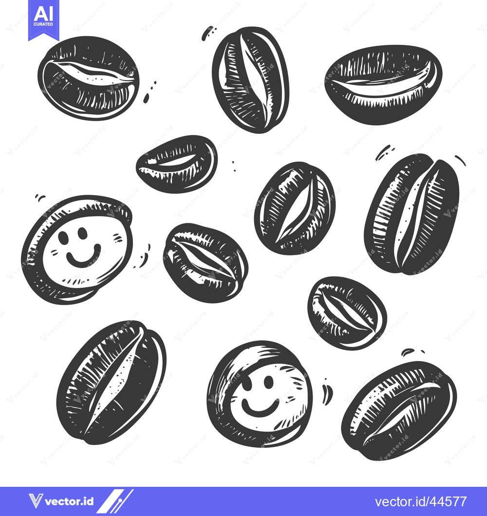 Premium Vector of Hand-Drawn Coffee Beans with Happy Faces on White Background