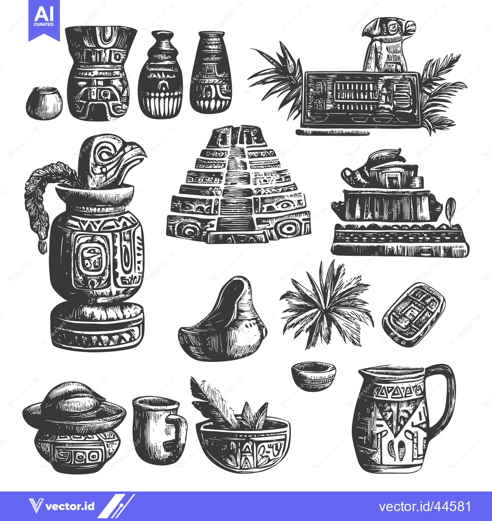Premium Vector of Hand-Drawn Collection of Ancient Mayan Pottery and Architecture