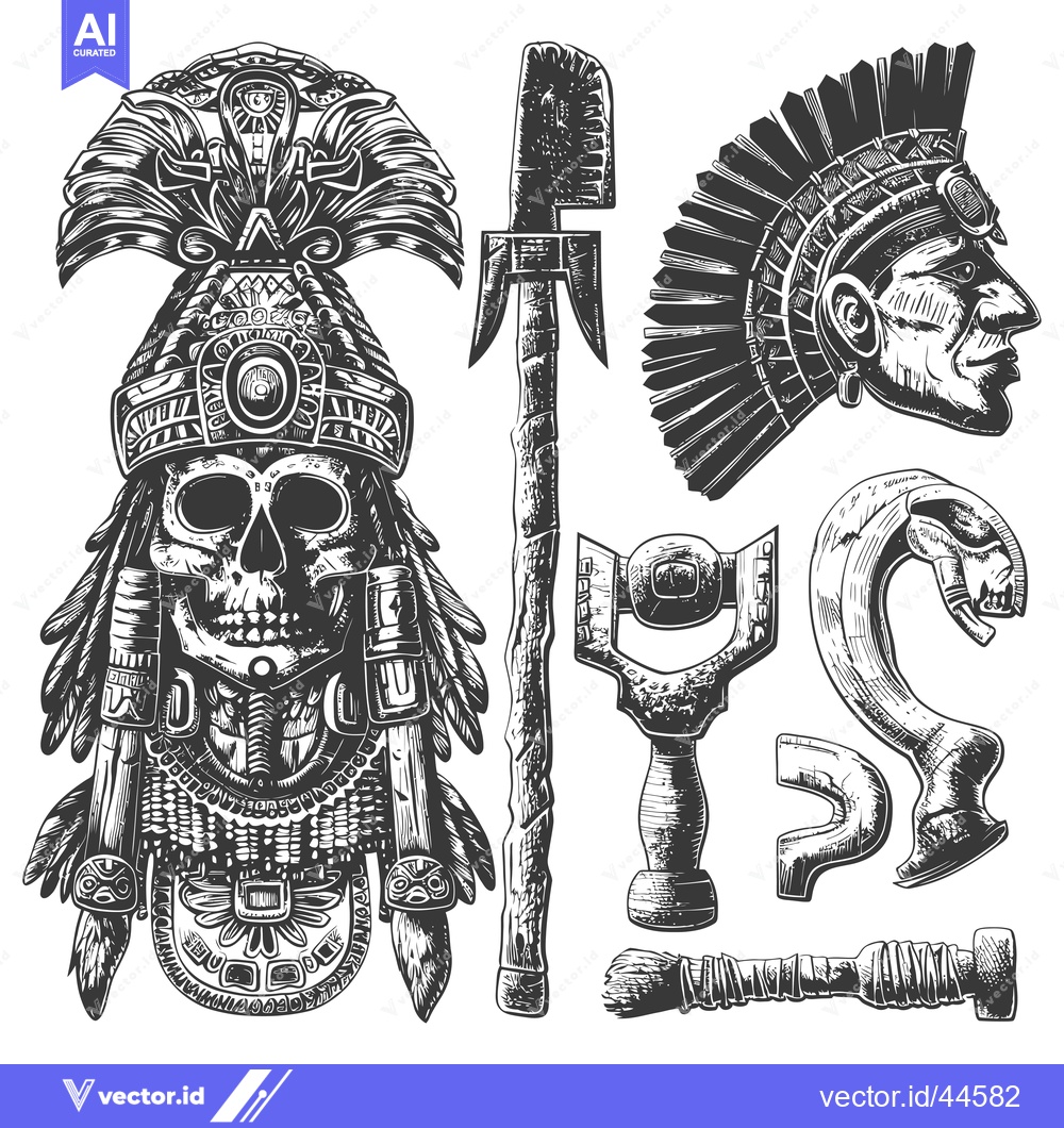 Premium Vector dari Hand-Drawn Collection of Aztec Warrior Accessories and Decorations