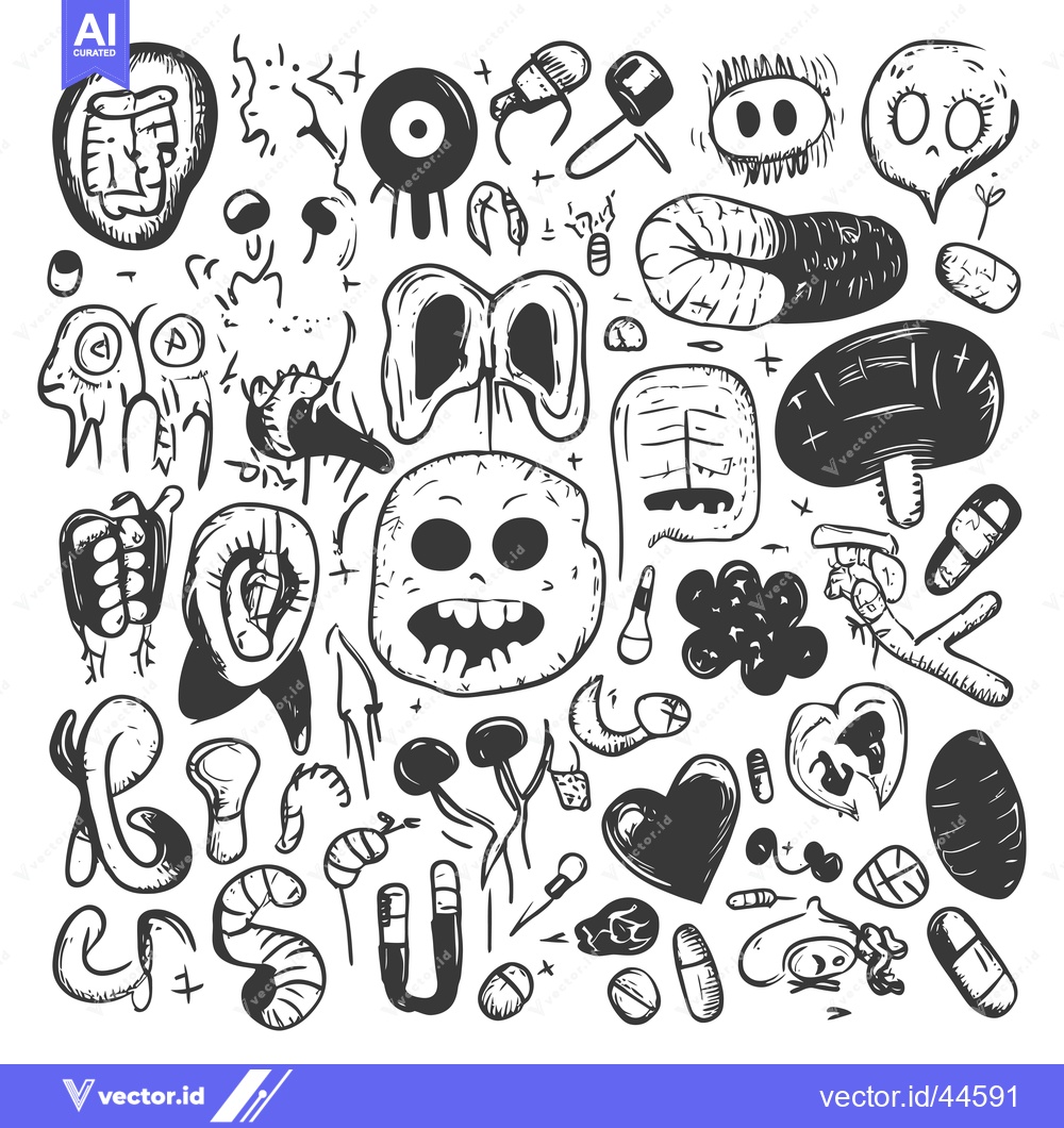Premium Vector of Hand-Drawn Collection of Grotesque and Quirky Creatures, Objects, and