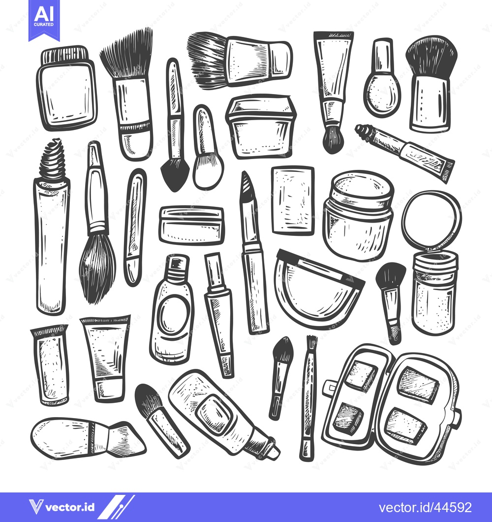 Premium Vector dari Hand-Drawn Collection of Makeup Brushes and Containers