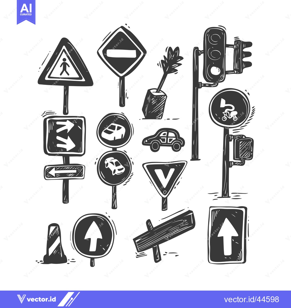 Premium Vector dari Hand-Drawn Collection of Road Signs and Traffic Signals