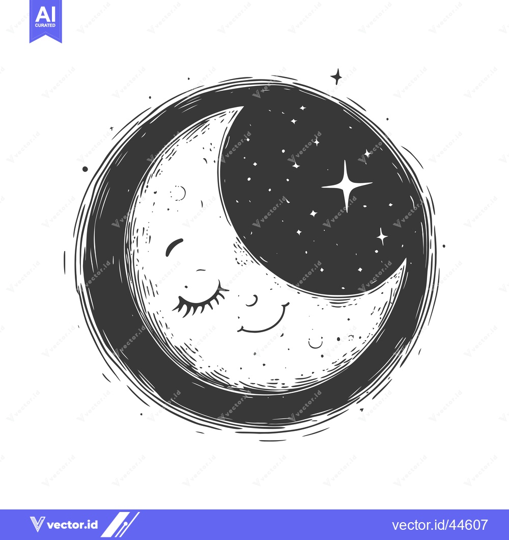 Premium Vector of Hand-drawn crescent moon with closed eyes and a smile surrounded by st
