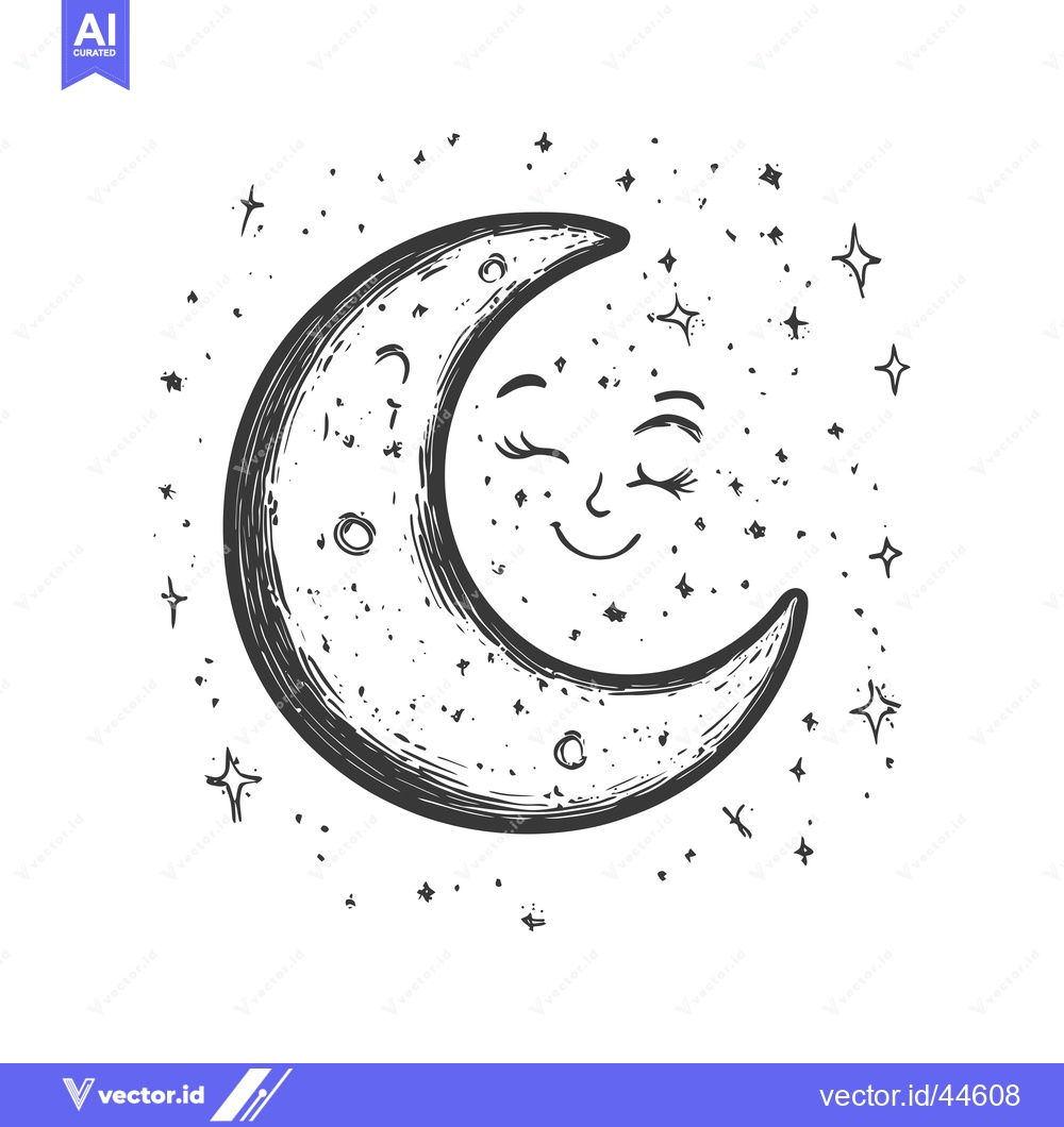Premium Vector dari Hand-Drawn Crescent Moon with Closed Eyes and Surrounding Stars