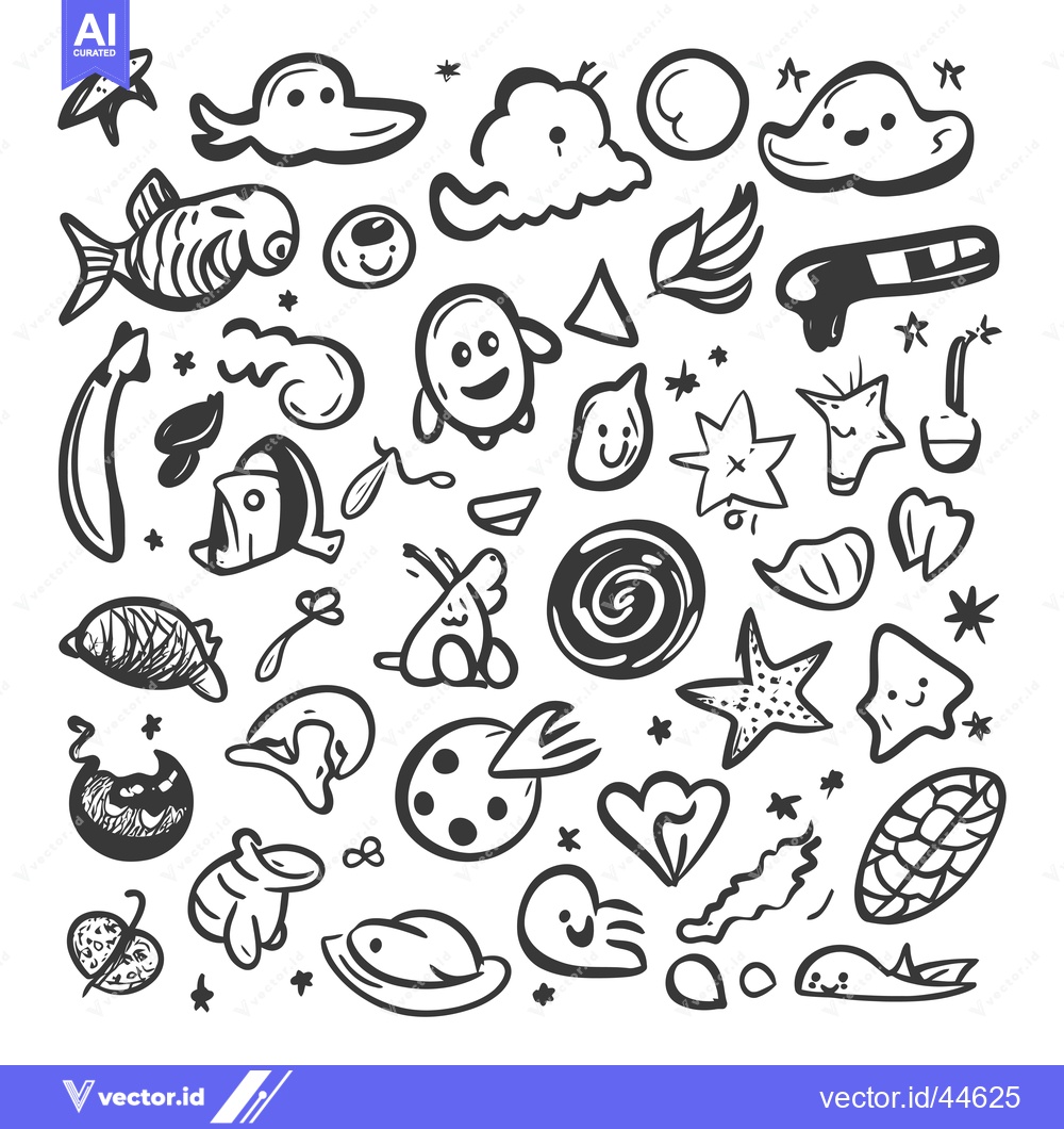 Premium Vector of Hand-Drawn Doodle Collection of Cute Underwater Creatures and Objects