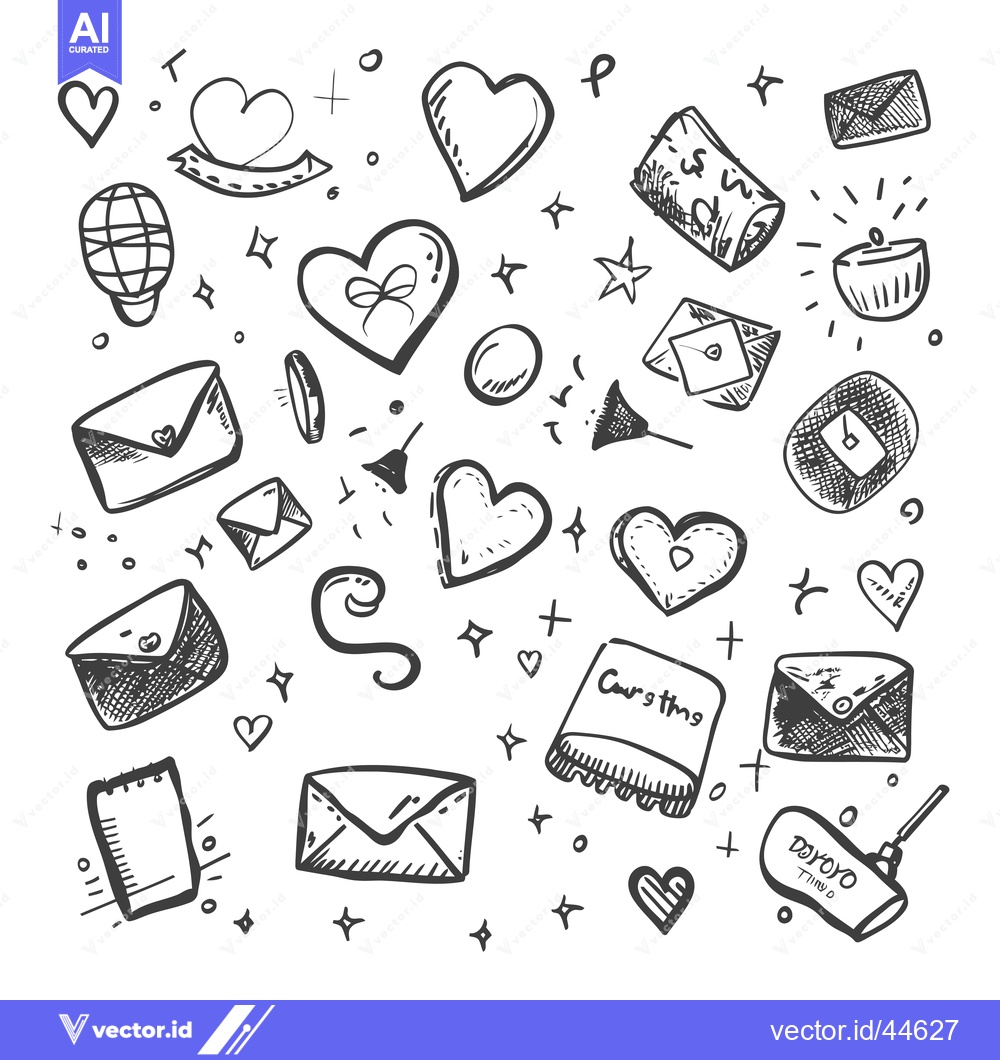 Premium Vector of Hand-Drawn Doodle Collection of Hearts, Envelopes, Stars, and Other Ob
