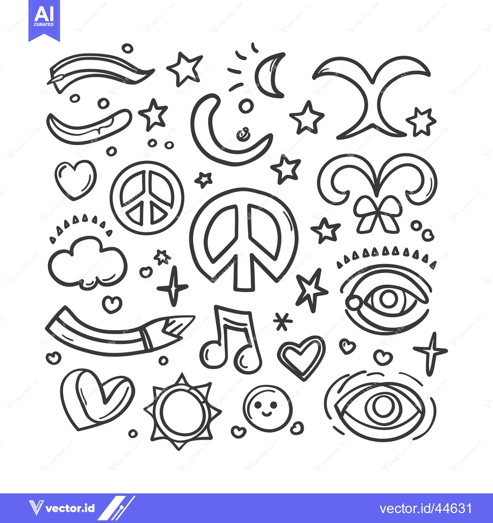 Premium Vector dari Hand-Drawn Doodle Collection of Peace Signs, Hearts, Stars, Moons, and