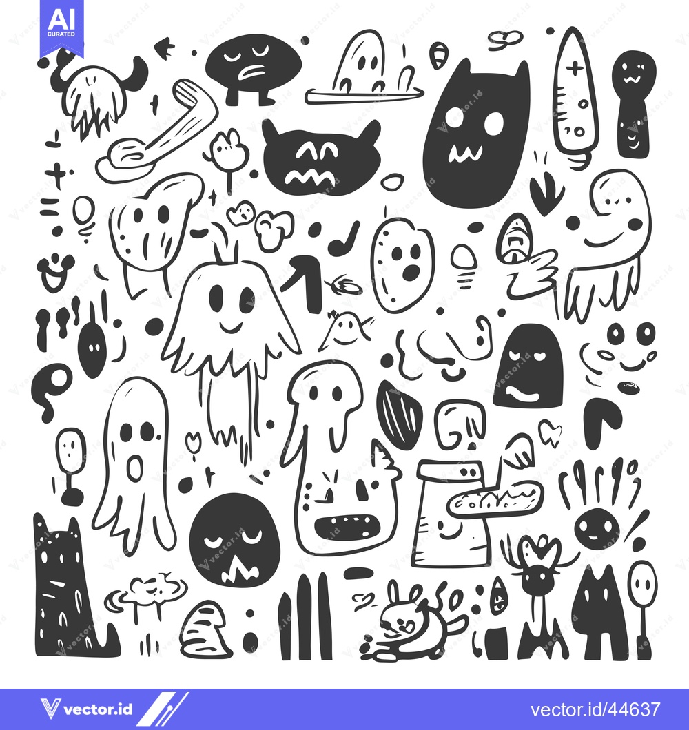 Premium Vector dari Hand-drawn doodle collection of various whimsical creatures and abstra