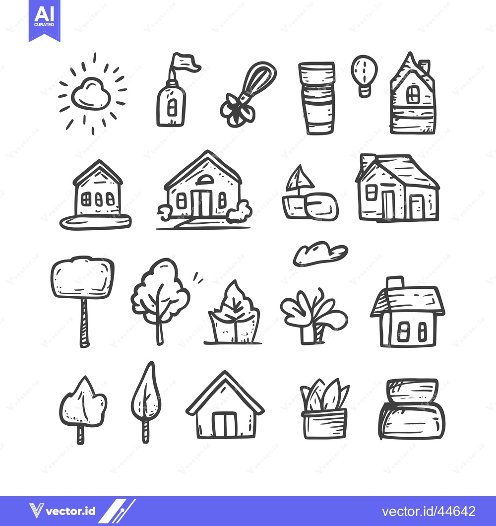 Premium Vector dari Hand-Drawn Doodle Icons of Houses, Trees, and Other Objects