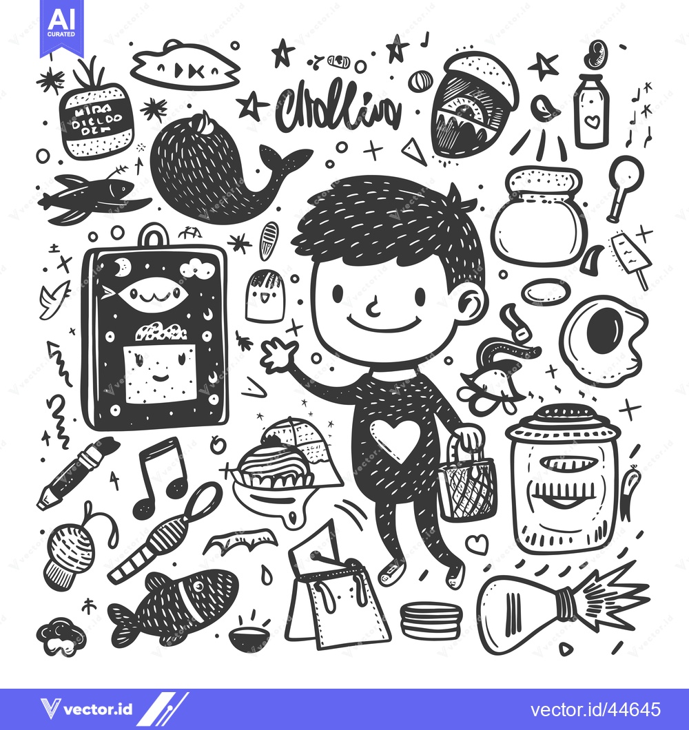 Premium Vector of Hand-Drawn Doodle Illustration Featuring a Smiling Boy Surrounded by V