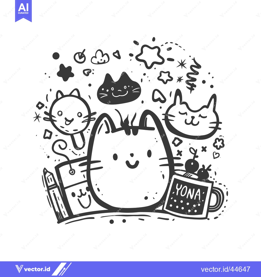 Premium Vector dari Hand-drawn doodle illustration featuring cats, stars, and a coffee mug