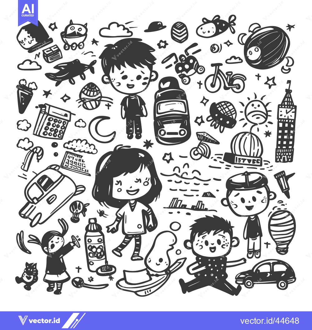 Premium Vector dari Hand-Drawn Doodle Illustration Featuring Children, Vehicles, and Every