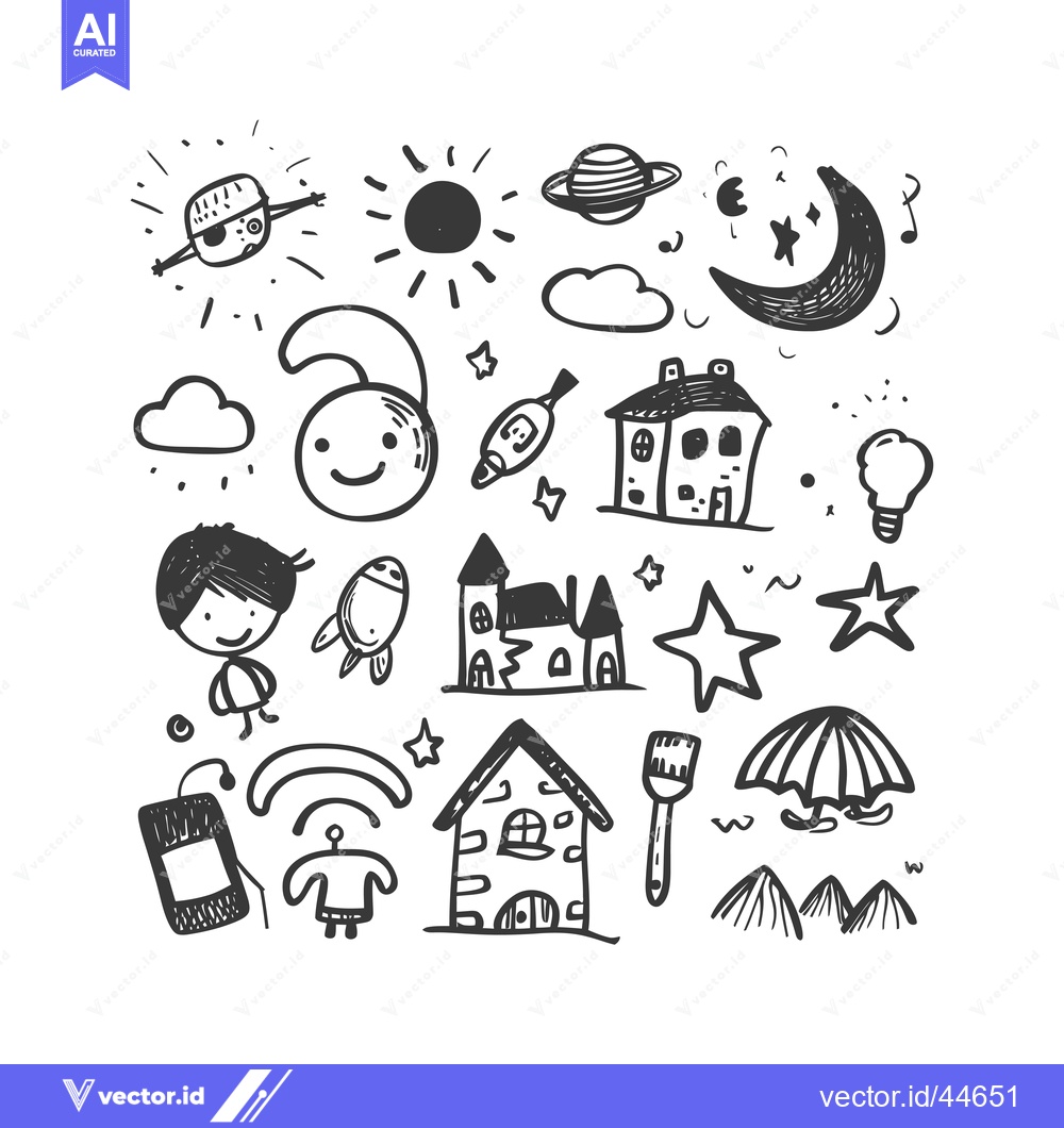 Premium Vector of Hand-Drawn Doodle Illustration of a Boy, Houses, and Other Objects